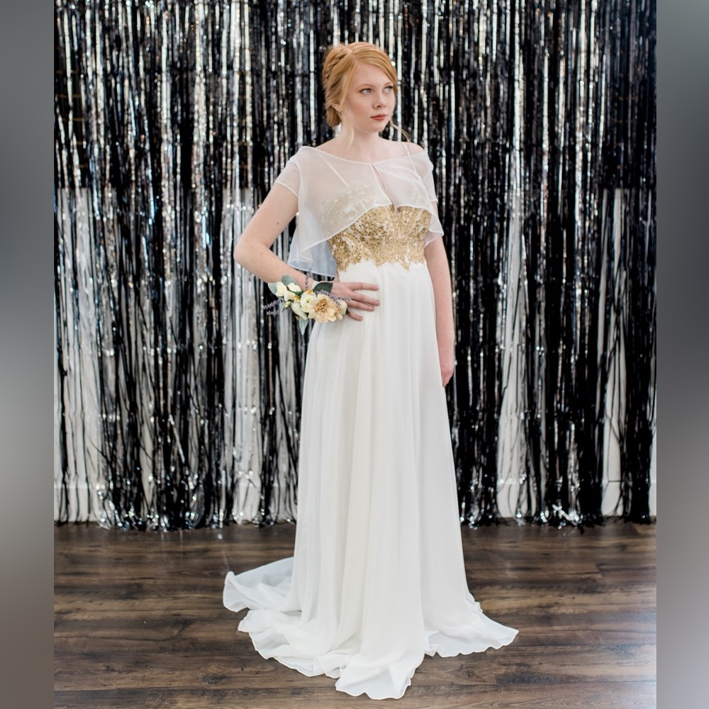 White and gold lace and chiffon gown- Dave and Johnny size 8